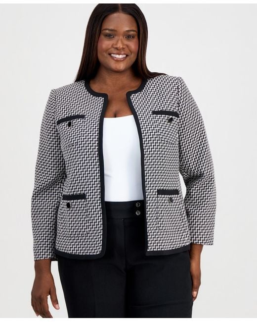 Kasper Gray Plus Size Zigzag Jacquard Open-front Jacket