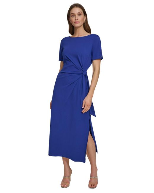 DKNY Blue Side-tie Short-sleeve Midi Dress