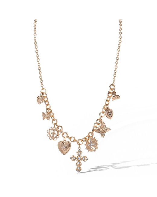 Jessica Simpson Metallic Tone Textured Cross & Heart Charm Necklace