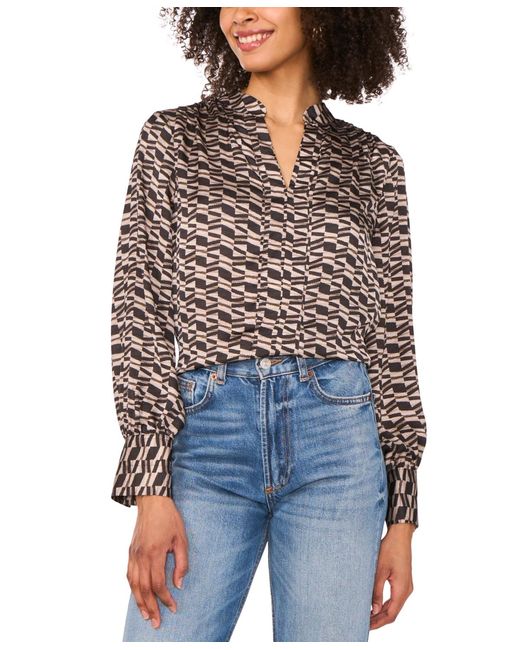 Vince Camuto Blue Printed Split-neck Wide-cuff Blouse
