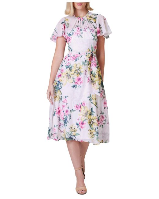 Jessica Howard White Petite Printed Flutter-sleeve Tie-waist Dress