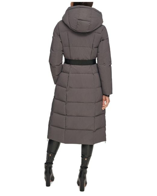 DKNY Mixed-media Belted Hooded Maxi Puffer Coat in Gray | Lyst