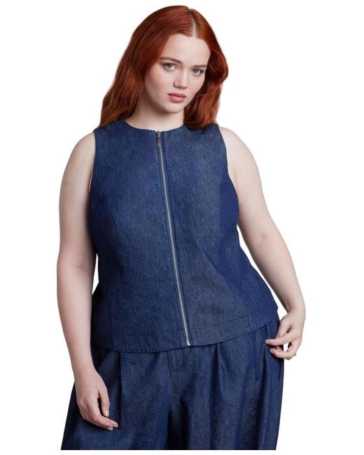 Eloquii Blue Chambray Zip Up Top