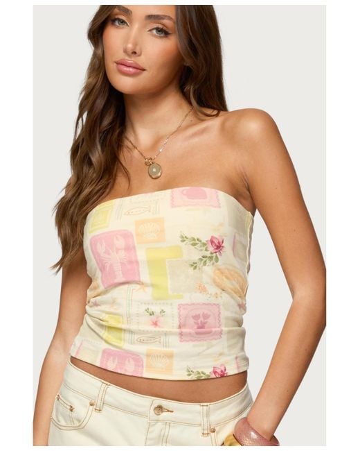 Edikted Natural Cicilla Vintage Mixed Print Tube Top