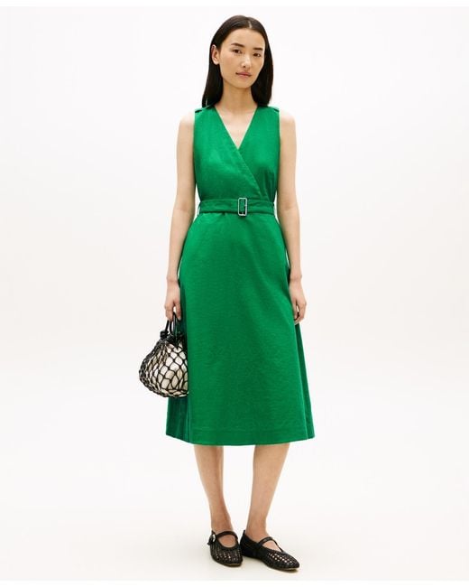 tommy hilfiger green dress Belted Linen Blend Sleeveless Wrap Midi Dress | Green