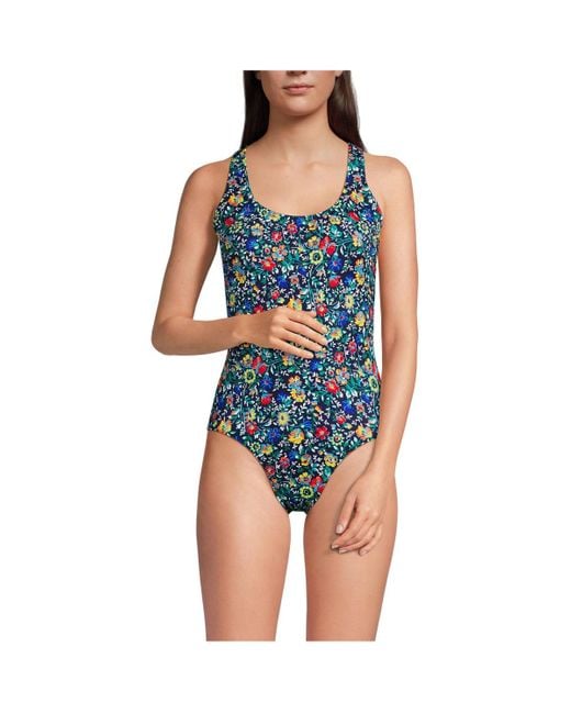 Lands' End Blue Long Chlorine Resistant X-back High Leg Soft Cup Tugless Sporty One Piece