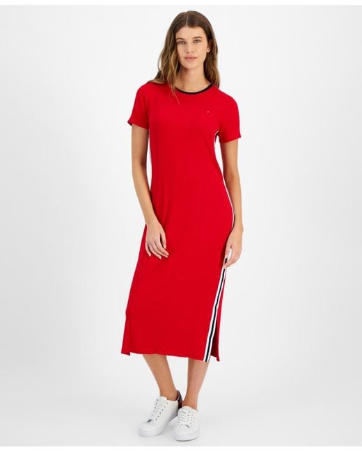 Tommy Hilfiger Red Contrast-stripe Ribbed Knit Midi Dress