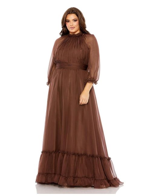 Mac Duggal Brown Plus Size High Neck Puff Sleeve Tiered A Line Gown