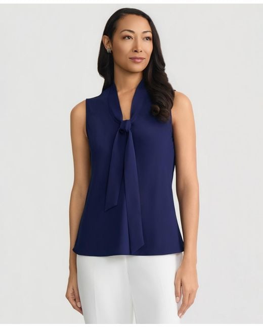 Kasper Blue Solid Sleeveless Tie-neck Blouse