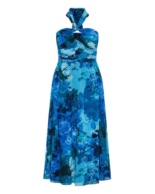 City Chic Blue Plus Size Ever Lee Print Halter Neck Maxi Dress
