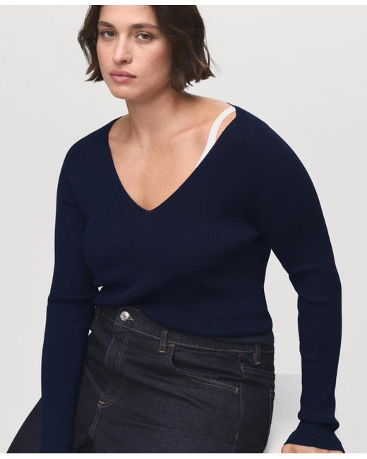 Mango Blue V-neck Ribbed Knit Sweater