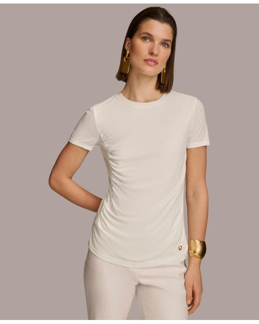 Donna Karan Natural Short Sleeve Ruched-side Top