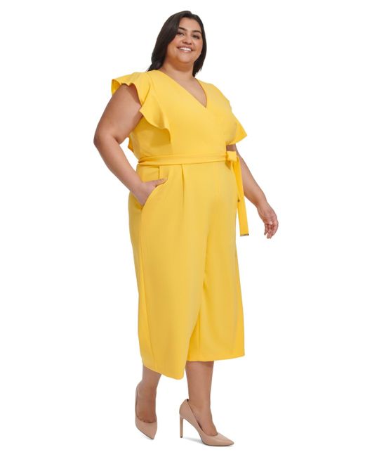 Tommy Hilfiger Yellow Plus Size Flutter-sleeve Cropped Jumpsuit