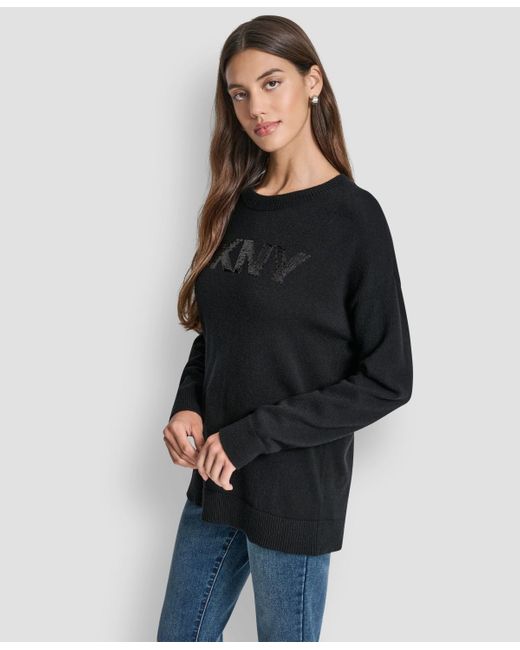 DKNY Black Logo Sequined Long-sleeve Sweater