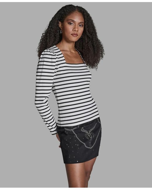 BCBGMAXAZRIA Gray Stripe Square Neck Long-sleeve Top