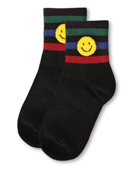 Memoi Black Smiley Terry Patch Stripe Crew Socks