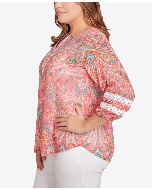 Ruby Rd Pink Plus Size Paisley Lace Knit Top