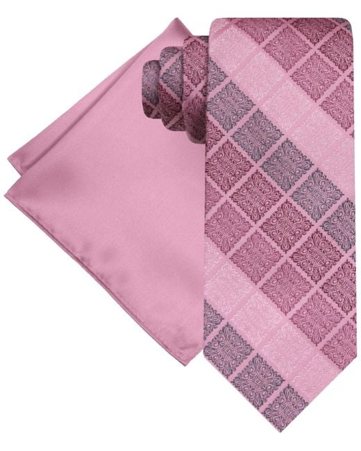Steve Harvey Pink Gradient Squares Tie & Solid Pocket Square Set for men
