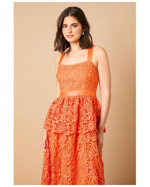 Oasis Orange Cross Strap Tiered Lace Midi Dress