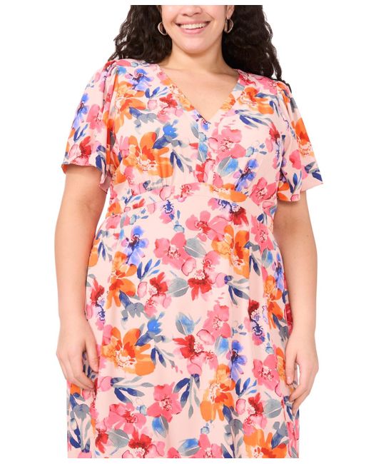 Msk Red Plus Size Floral-print Flutter-sleeve Maxi Dress
