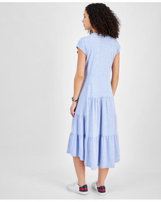 Tommy Hilfiger Blue Short-sleeve Tiered Midi Dress