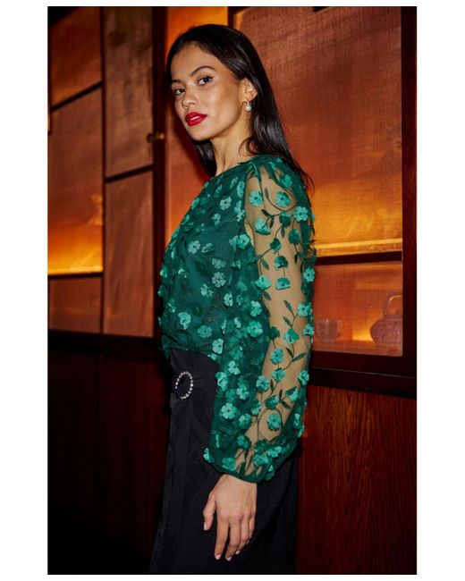 Yumi' Green Long Sleeve Sheer Floral Top