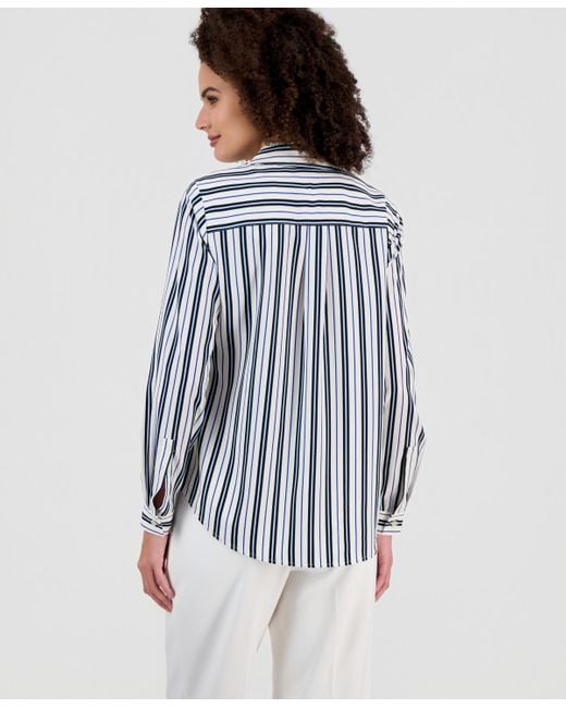 Anne Klein Blue Striped Slim-fit Utility Blouse