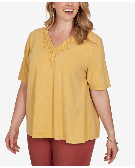 Ruby Rd Yellow Plus Size Soutache V-neck Knit Top