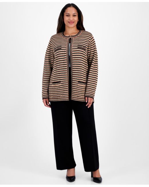 Anne Klein Brown Plus Size Long-sleeve Front-pocket Cardigan