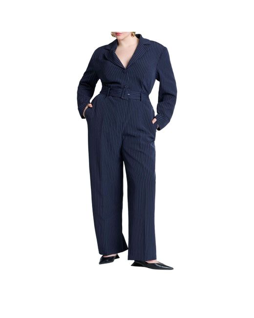 Eloquii Blue Plus Size Pinstripe Jumpsuit With Belt