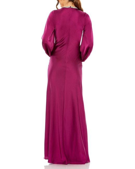 Mac Duggal Purple Ieena Satin Long Blouson Sleeve Evening Gown