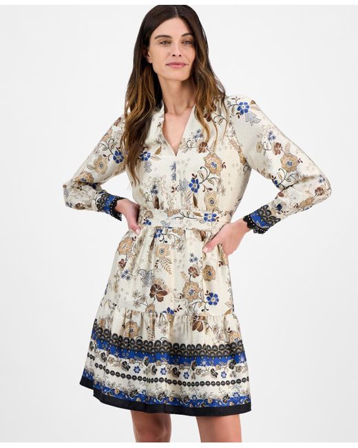 Anne Klein White Petite Tiered Floral-print Dress