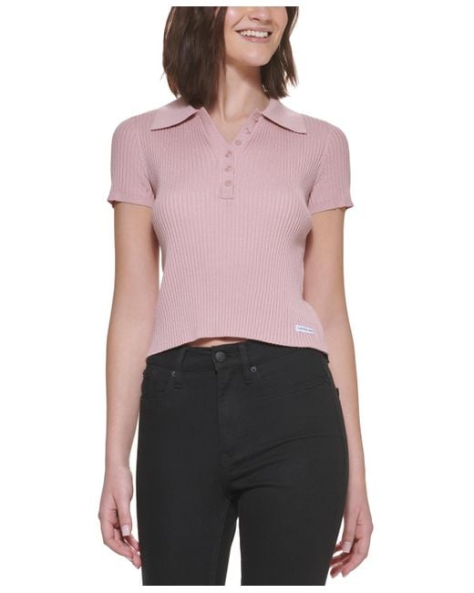 Calvin Klein Pink Petite Short-sleeve Ribbed Polo Shirt