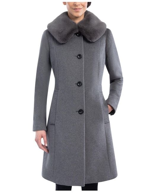 Anne Klein Faux-fur Club-collar Coat in Light Grey (Gray) | Lyst
