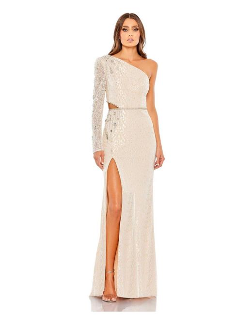 Mac Duggal White Embellished One Sleeve Cut Out Gown