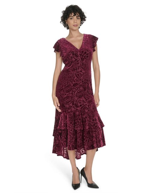 Tommy Hilfiger Burnout Velvet Ruffled High-low Dress in Red | Lyst
