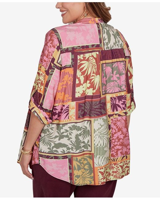 Ruby Rd Red Plus Size Tropical Patchwork Voile Button Front Top