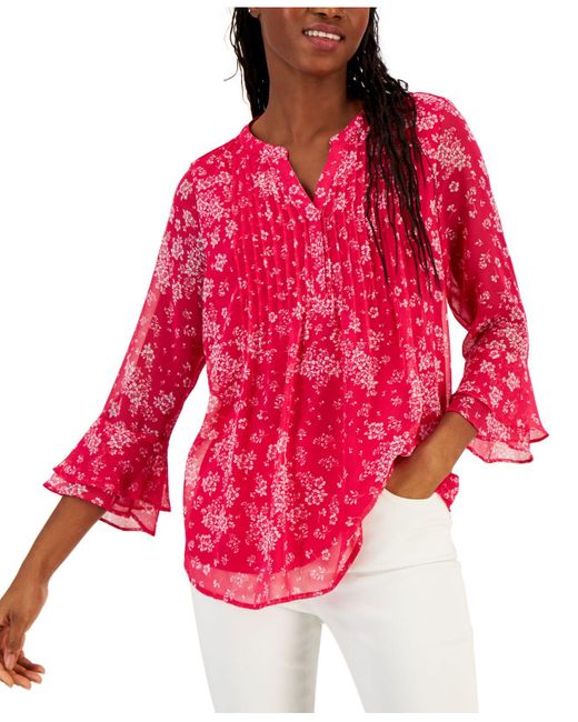 Charter Club Red Printed Pintuck Top, Created For Macy's