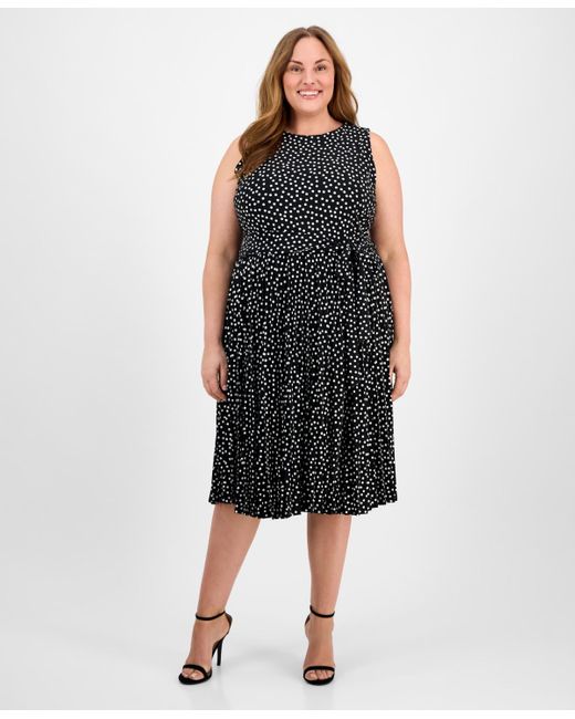 Anne Klein Black Plus Size Dot-print Pleated Midi Dress