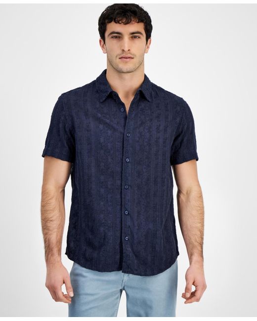 Guess Blue Textured Embroidered Button-front Short Sleeve Shirt for men