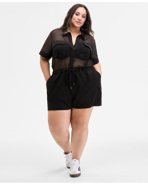 Nina Parker Black Trendy Plus Size Mesh Utility Romper