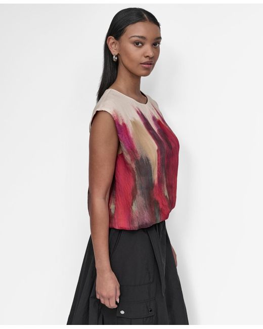 DKNY Red Printed Cap-sleeve Crewneck Top