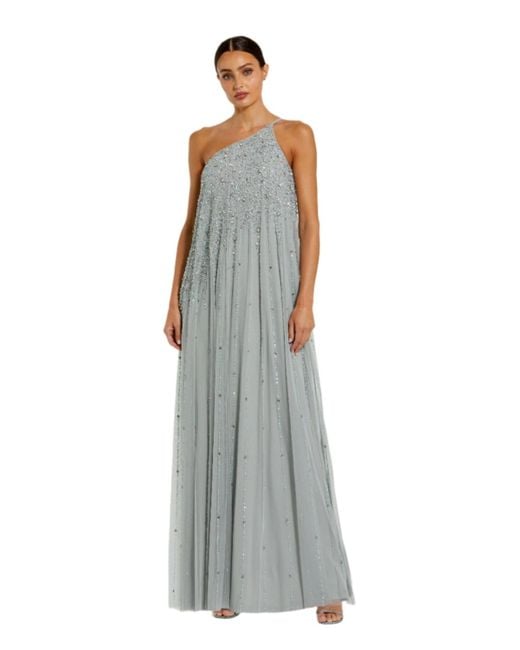 Mac Duggal White One Shoulder Embellished Trapeze A Line Gown