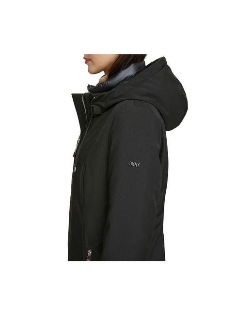 DKNY Hooded Bibbed Zip-front Puffer Coat in Black | Lyst