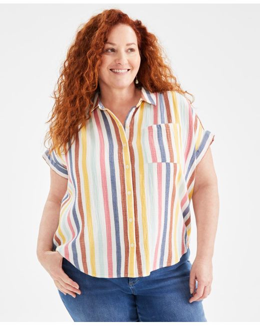 Style & Co. Multicolor Plus Size Cotton Button-front Camp Shirt