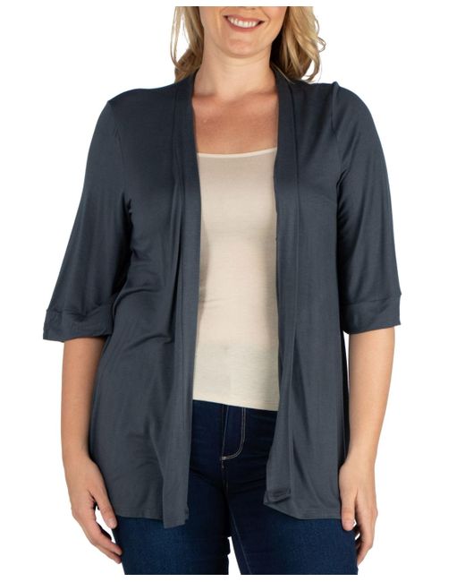 24seven Comfort Apparel Blue Plus Size Elbow Length Open Front Cardigan Sweater