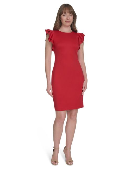 Tommy Hilfiger Red Scuba Sheath Dress With Flutter Sleeves