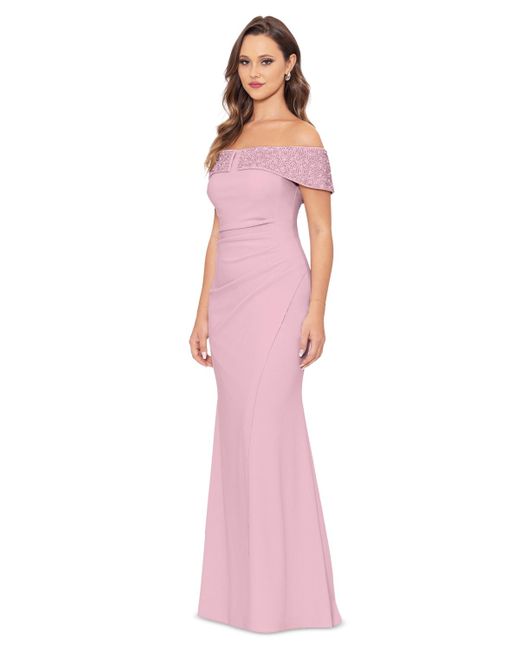 Betsy & Adam Pink Beaded Off-the-shoulder Gown