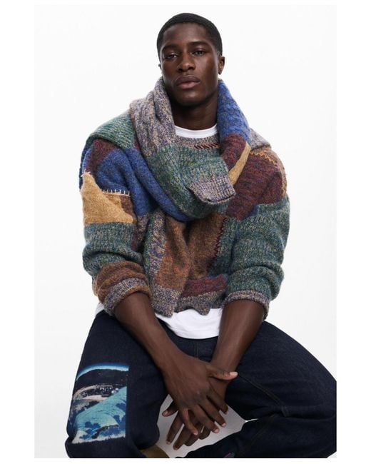 Desigual Blue Thick Patchwork Sweater for men