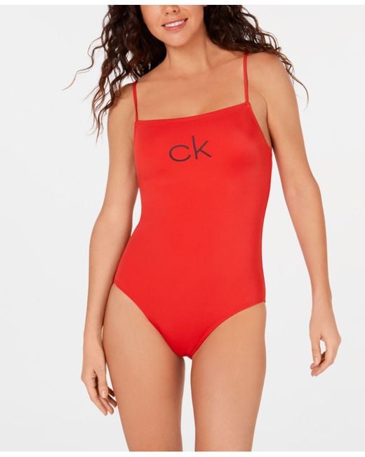 Calvin Klein Logo Straight-neckline One-piece Swimsuit in Red | Lyst